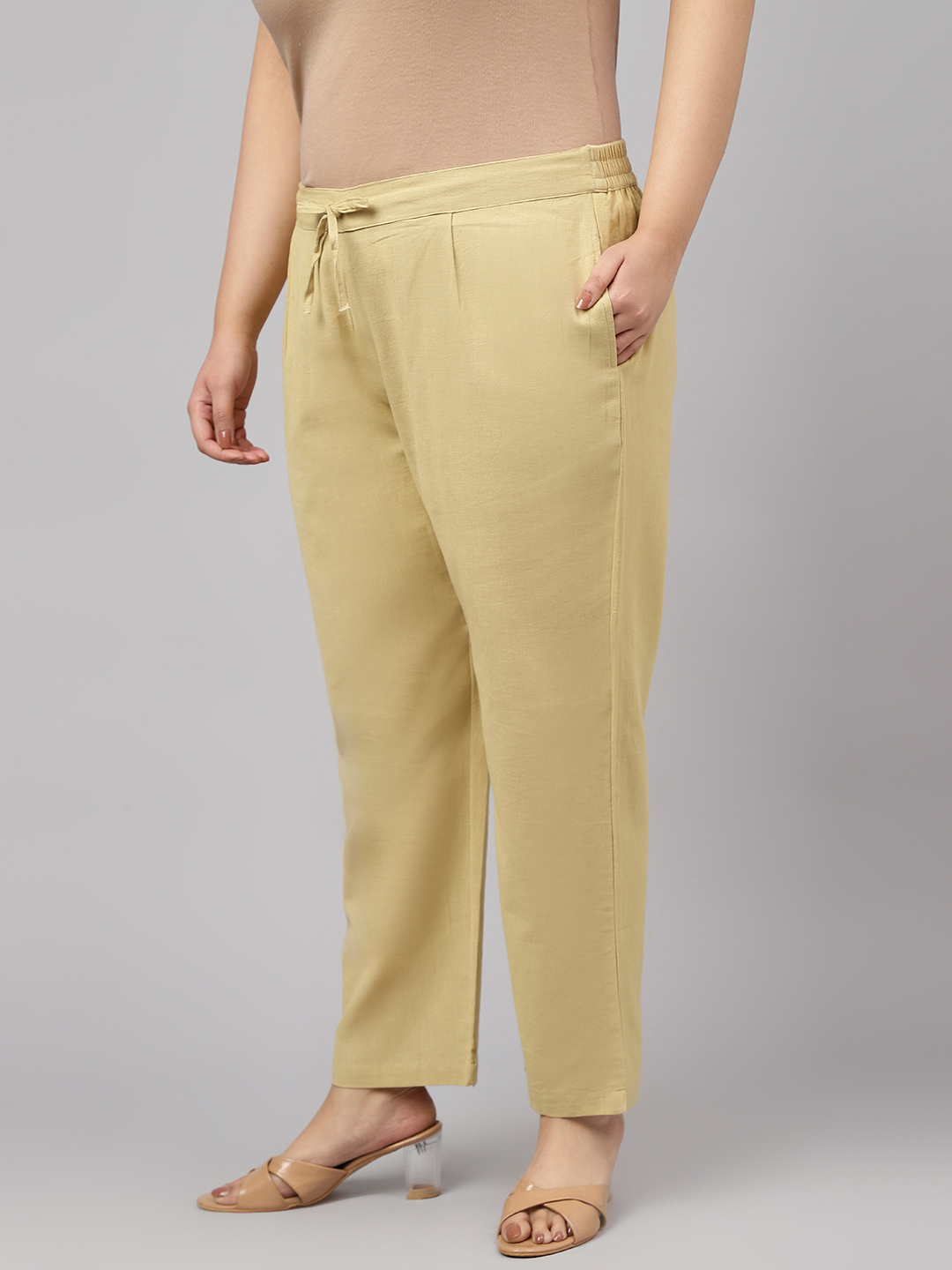Women Cotton Plus Size Relaxed Pleated Trousers - 3xl To 5xl, Quick Dry, Comfortable And Washable With 2 Pockets