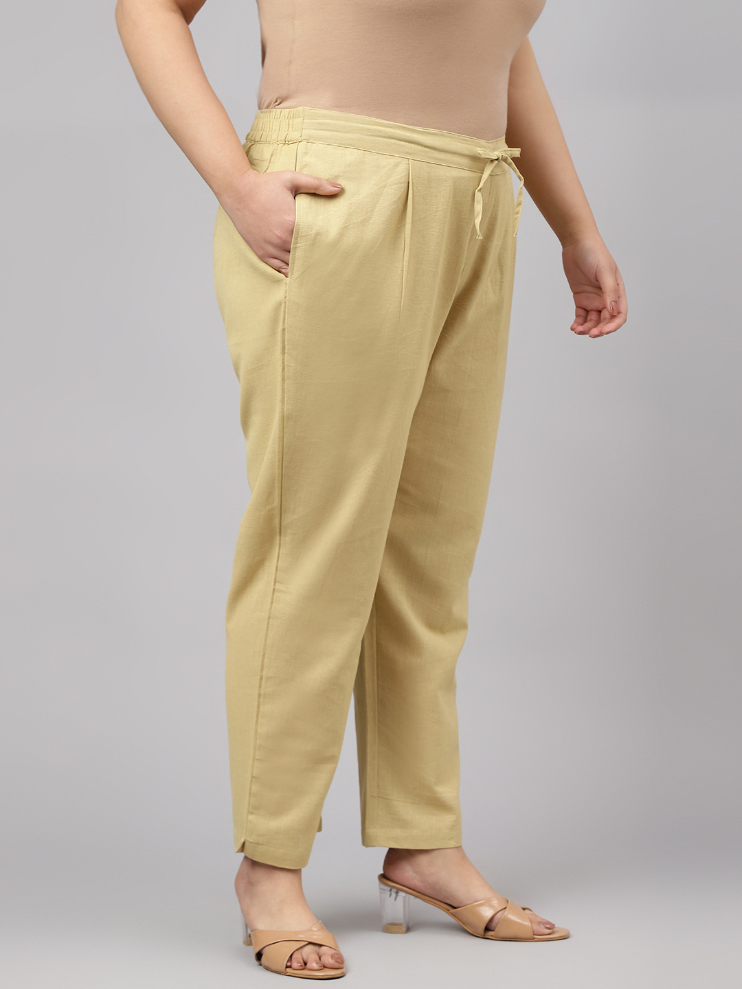 Women Cotton Plus Size Relaxed Pleated Trousers - 3xl To 5xl, Quick Dry, Comfortable And Washable With 2 Pockets