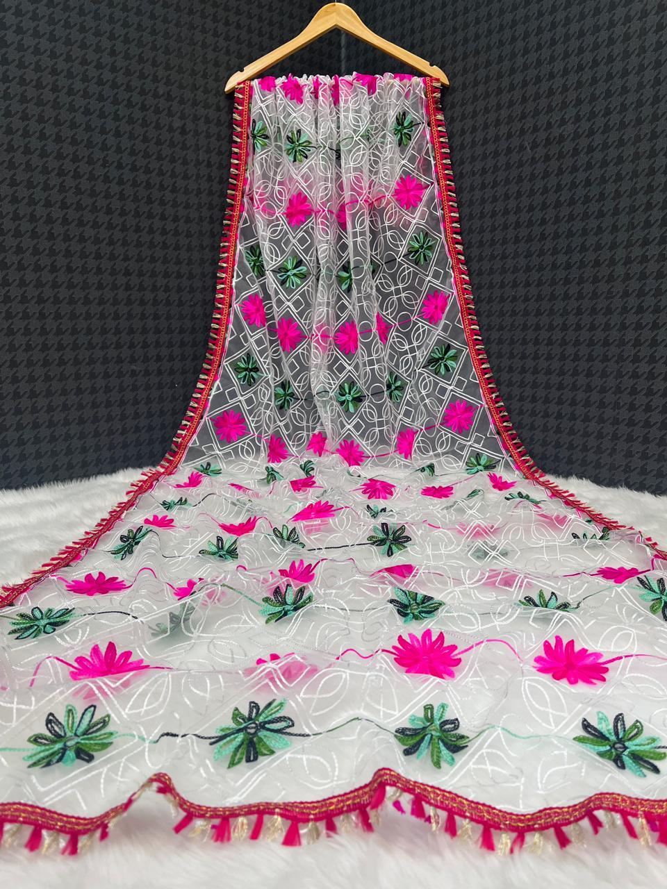Fancy Designer Dupatta - Net Fabric, 2.25m X 1.1m, White With Multicolor Embroidery | Elegant Design, Versatile Drape, Ideal For Ethnic And Western Wear