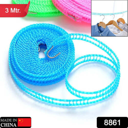 Meters Windproof Anti-slip Clothes Washing Line Drying Nylon Rope With Hooks - 3 Meters, Portable & Versatile Clothesline For Indoor/outdoor Use, Durable & Easy To Hang
