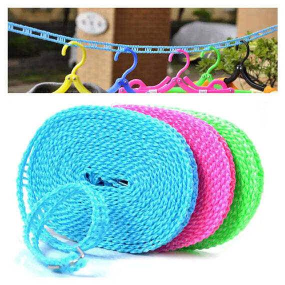 Meters Windproof Anti-slip Clothes Washing Line Drying Nylon Rope With Hooks - 3 Meters, Portable & Versatile Clothesline For Indoor/outdoor Use, Durable & Easy To Hang