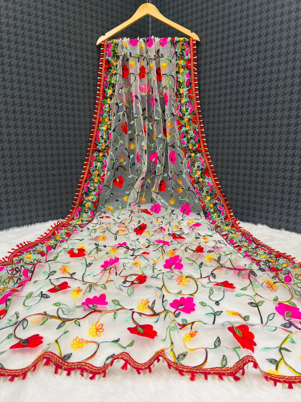 Multi Vel Net Dupatta - Heavy Net, Standard Size, White With Multicolor Floral Embroidery | Versatile Drape, Perfect Gift For Women & Girls, Soft And Ethnic/western Wear Compatible