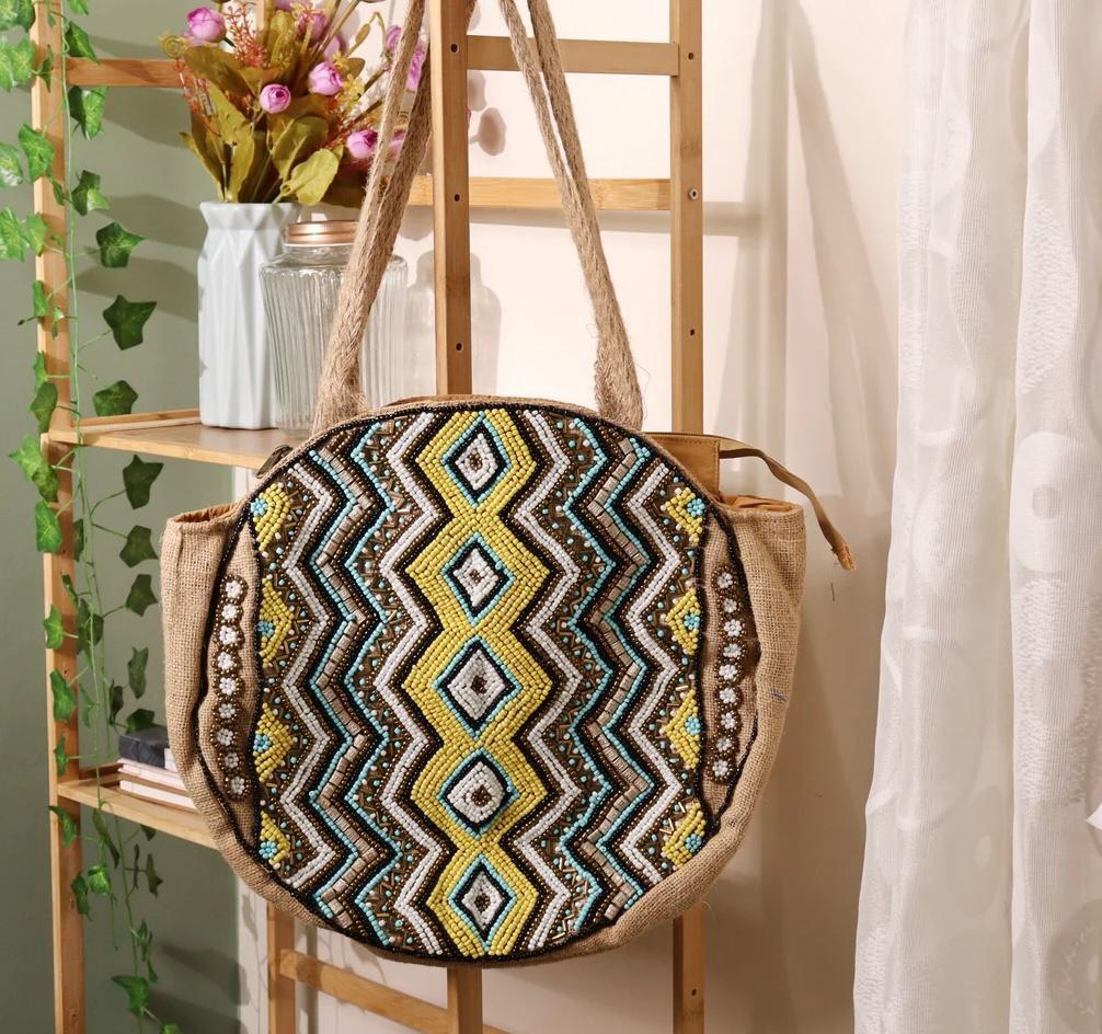 Jute Handicraft Bag - Biodegradable, Waterproof With Zipper Closure | Eco-friendly, Reusable, Customizable Design, Hand Printed