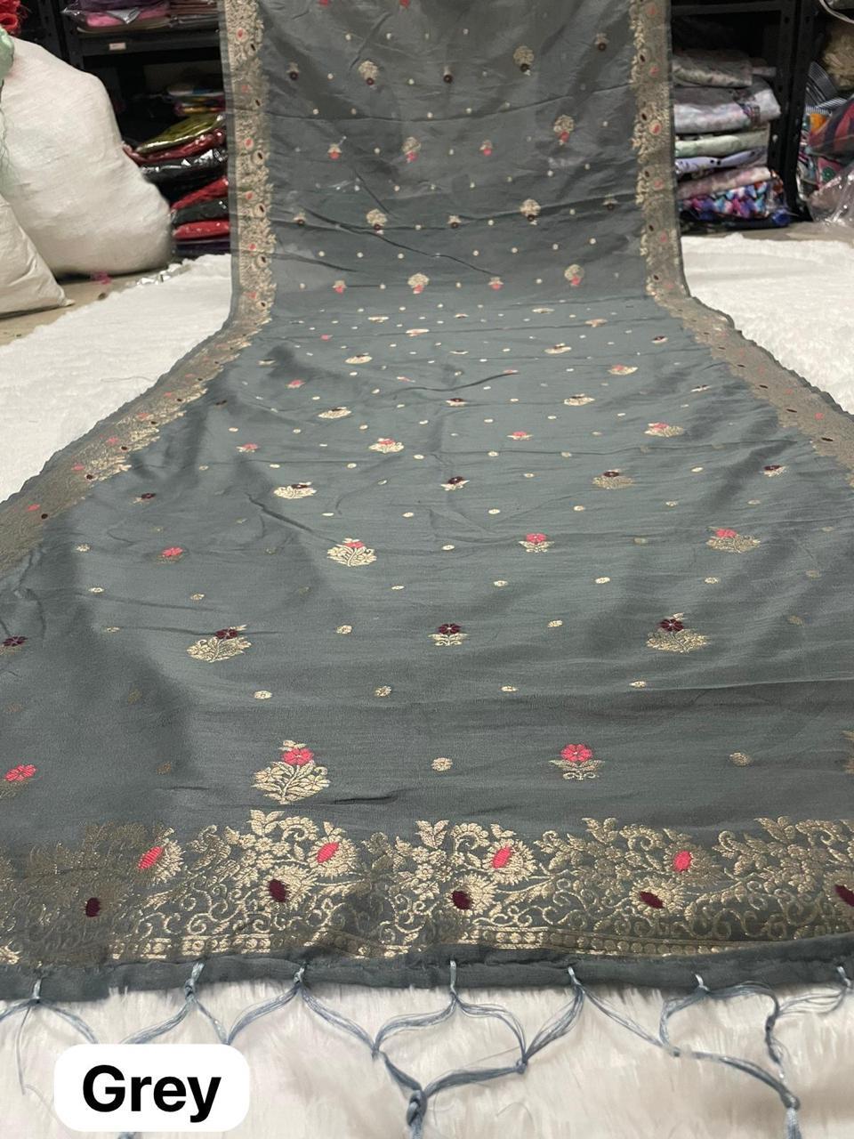 Grey Banarasi Cotton Silk Dupatta - 42x2.5 Inches, Zari Jacquard Work | Elegant Design, Versatile Drape, Soft Fabric, Ethnic & Western Wear