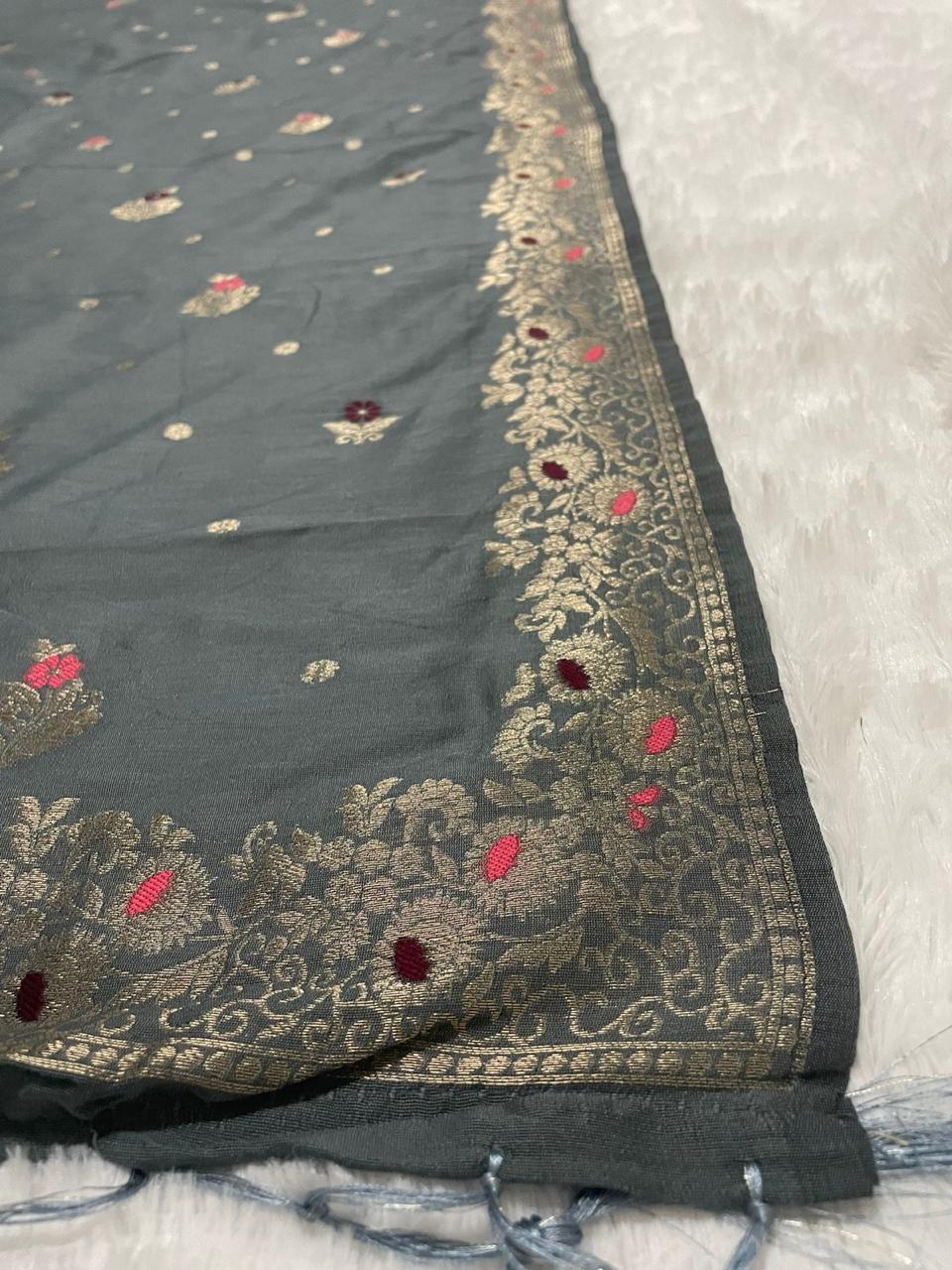 Grey Banarasi Cotton Silk Dupatta - 42x2.5 Inches, Zari Jacquard Work | Elegant Design, Versatile Drape, Soft Fabric, Ethnic & Western Wear