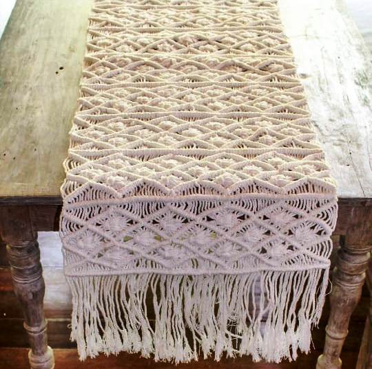 Macrame Table Runner - Cotton, Customizable Width | Geometric Design With Hand Fringes, Boho Charm For Dining And Home Decor