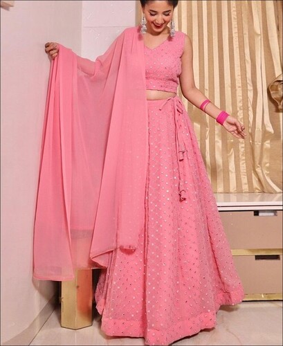 Baby Pink Colored Georgette Party Wear Lehenga Choli - Decoration Material: Sequins