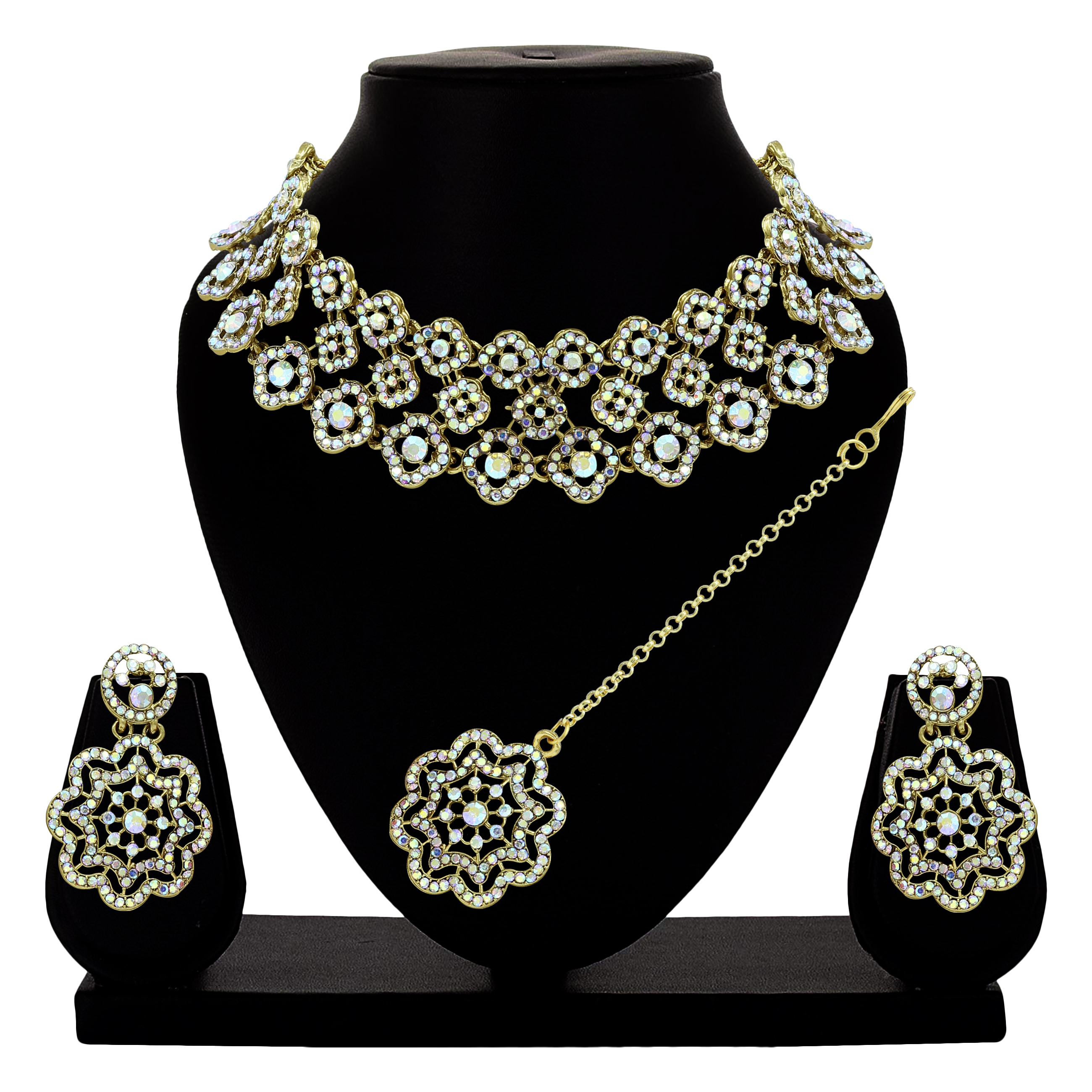 Floral Luster - Alloy Silver Plated Choker Set 21cm X 3.5cm | Austrian Stone Accents Rainbow Color Includes Maangtikka And Earrings For Weddings Parties And Engagements