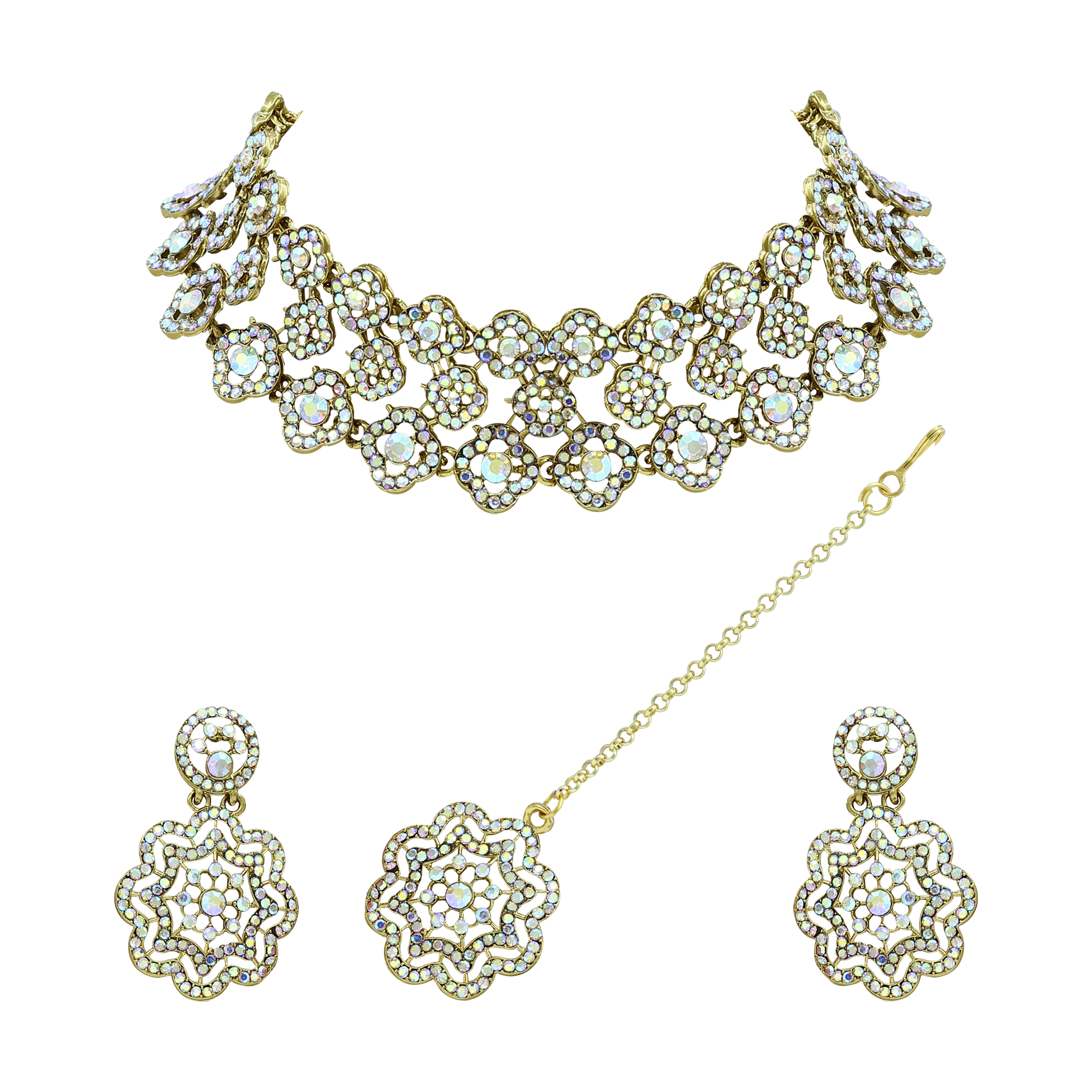 Floral Luster - Alloy Silver Plated Choker Set 21cm X 3.5cm | Austrian Stone Accents Rainbow Color Includes Maangtikka And Earrings For Weddings Parties And Engagements