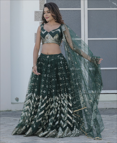 Dark Green Color Soft Net Sequence Work Lehenga Choli By Jomso