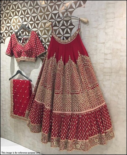 Bridal Red blumming faux georgette jari embroidered lehenga