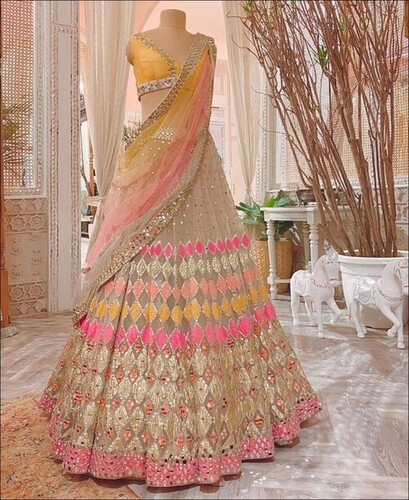 Multi Colored Butterfly Net Mirror Work Lehenga Choli - Dress Style: Ethnic