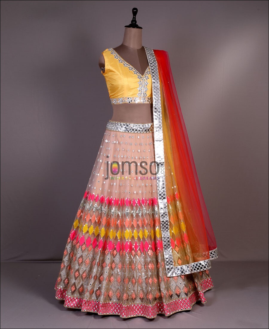 Multi Colored Butterfly Net Mirror Work Lehenga Choli
