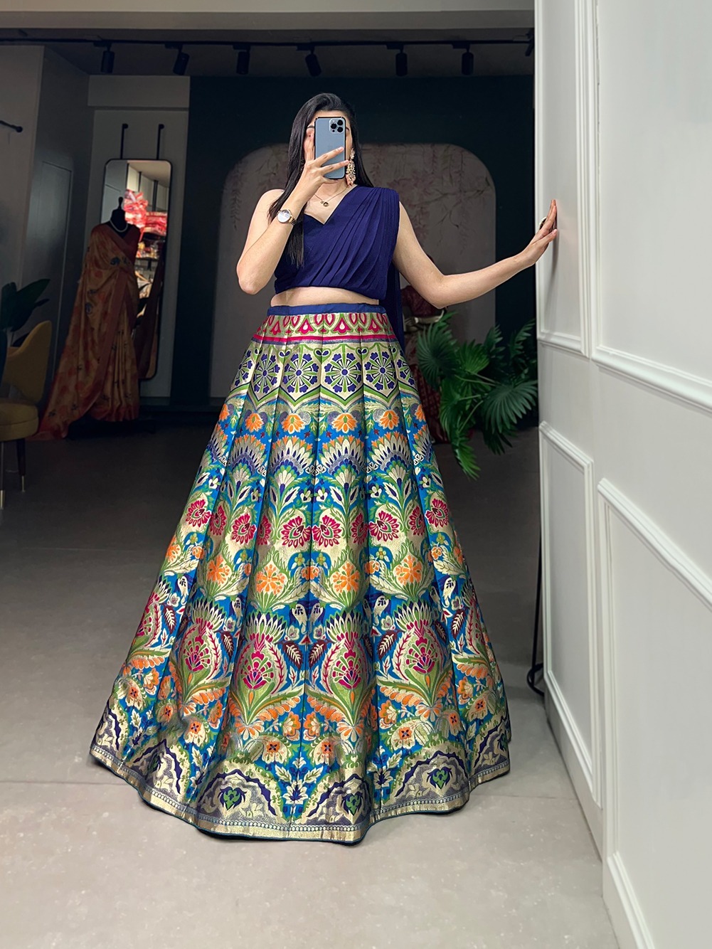 Lehenga Choli - Banarasi Silk With Zari Weaving, Stitched Lehenga Length 41 Inches, Adjustable Blouse Size 36-42, Elegant Design, 3.40 Meter Flair