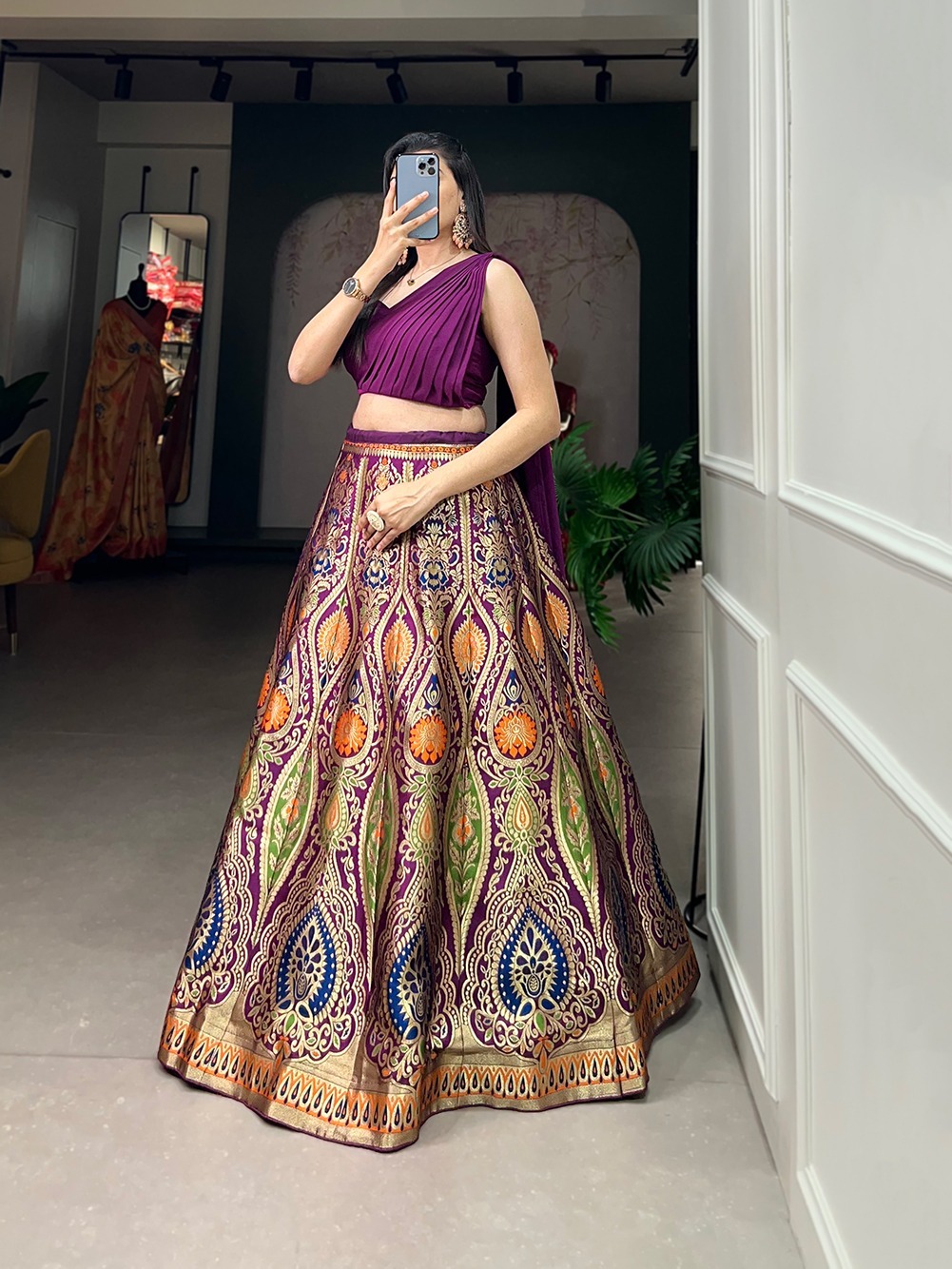 Lehenga Choli - Banarasi Silk With Zari Weaving, Stitched Lehenga Length 41 Inches, Adjustable Blouse Size 36-42, Elegant Design, 3.40 Meter Flair