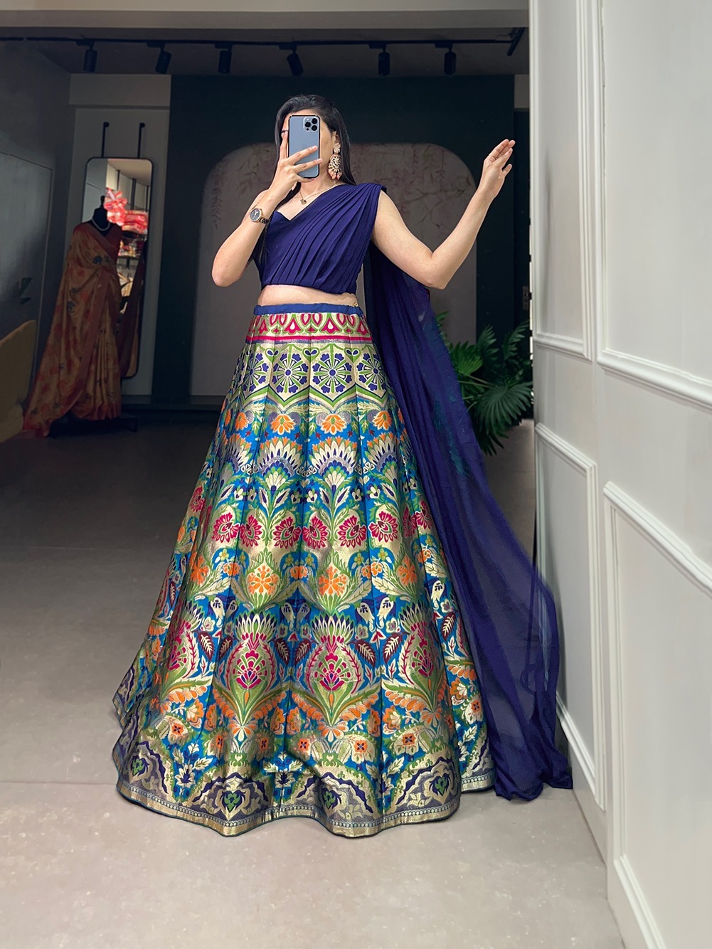 Lehenga Choli - Banarasi Silk With Zari Weaving, Stitched Lehenga Length 41 Inches, Adjustable Blouse Size 36-42, Elegant Design, 3.40 Meter Flair