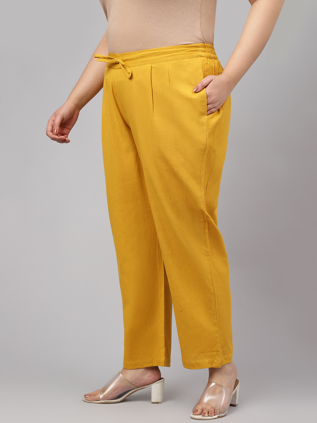 Women Cotton Rayon Pants - Size 3xl-5xl Comfortable Yellow Color Plus Size Quick Dry Washable Waterproof Straight Fit Single Pocket