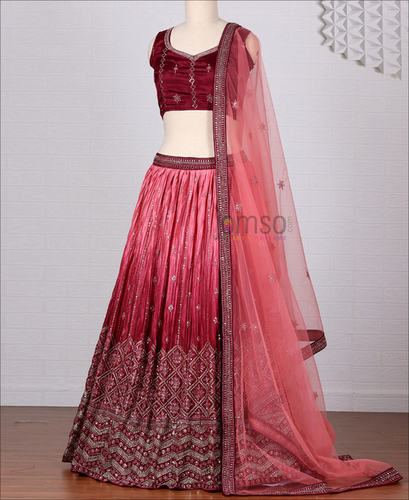 Maroon Lehenga Choli - Chinon Fabric, 3.5 to 4 Meter Flair, Embroidered Elegance | Customized Size, Ethnic Style, Dry Clean Only