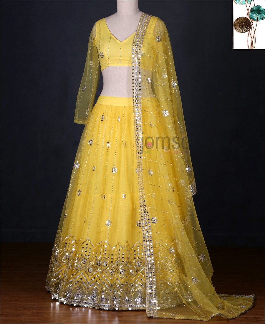 Yellow Coloured Sequence Work Butterfly Net Lehenga Choli