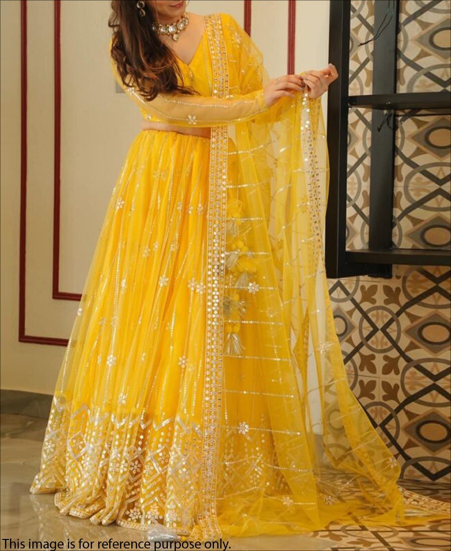 Yellow Coloured Sequence Work Butterfly Net Lehenga Choli