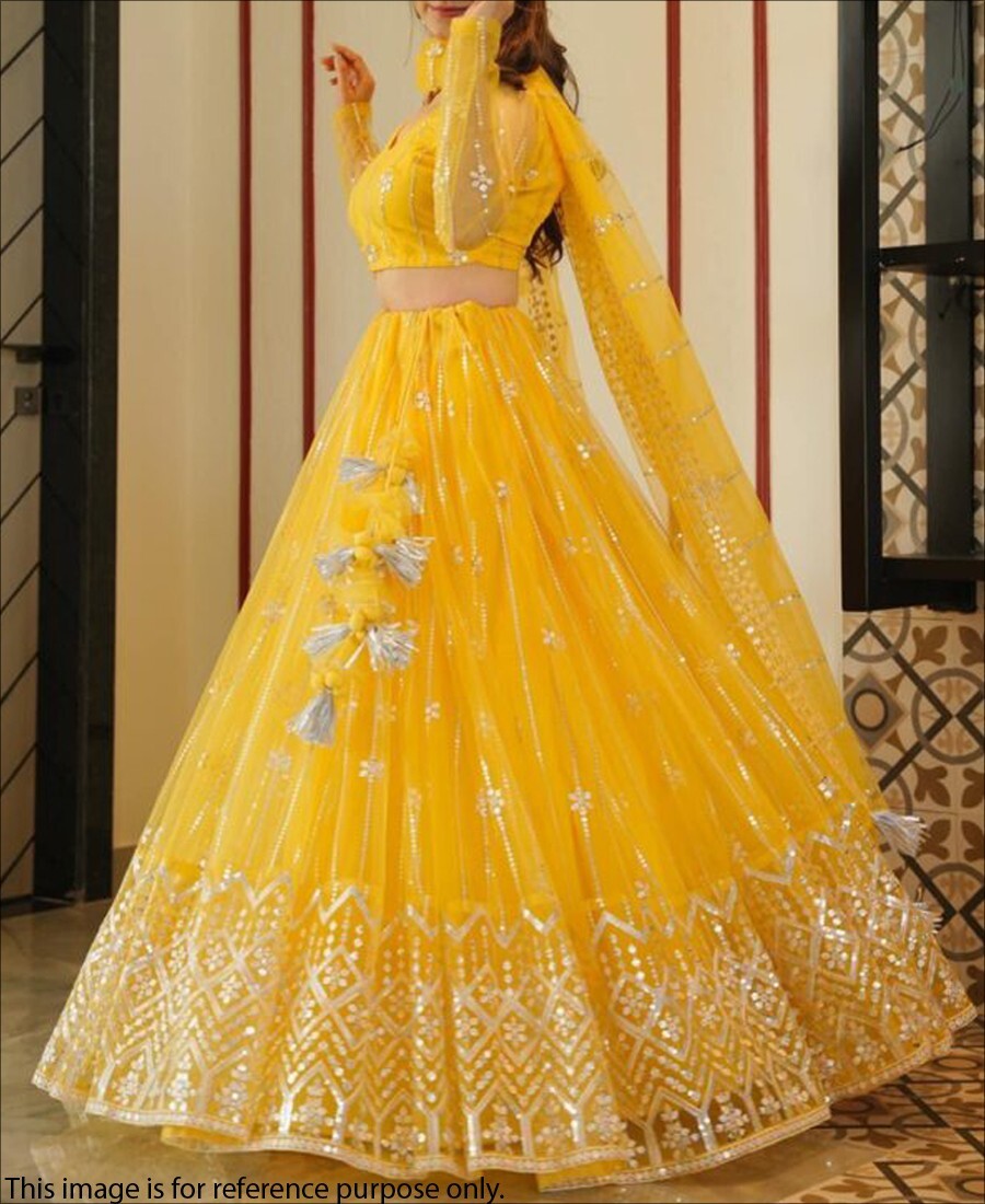Yellow Coloured Sequence Work Butterfly Net Lehenga Choli