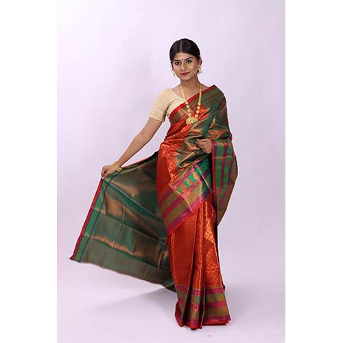 Multicolor Red Dual Tone Kanjivaram Silk Saree