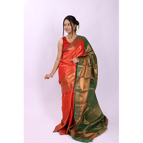 Multicolor Bright Red Dual Tone Kanjivaram Silk Saree