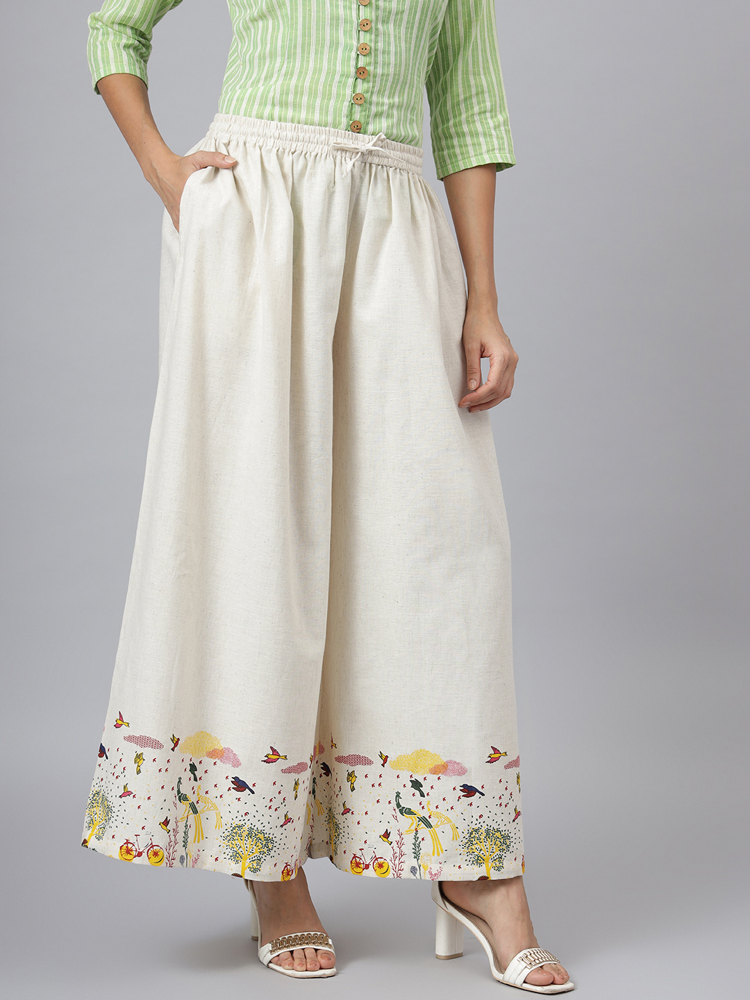 Ladies Palazzo Pants - Rayon Material, Size S To Xxl, Color Ivory White | Quick Dry, Waterproof, Printed, Regular Fit, Single Pocket, Suitable For All Seasons