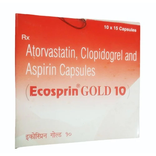 Ecosprin Gold - Aspirin (75mg) + Atorvastatin (10mg) + Clopidogrel (75mg) Capsules, Heart Attack Prevention, 10 x 15 Count