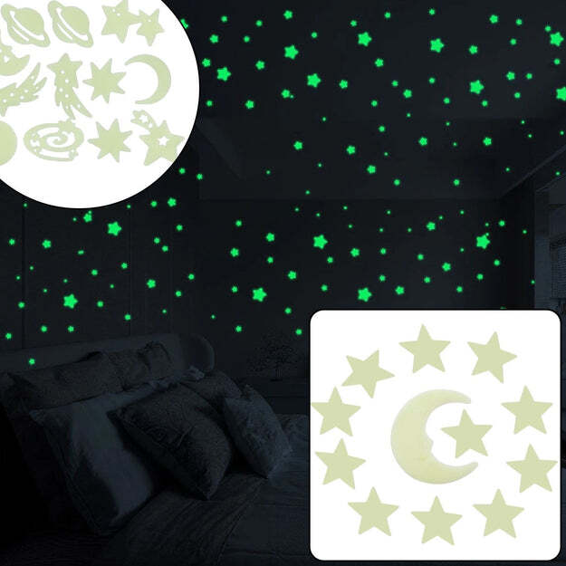 Glow In The Dark Stars And Moon - 6 Piece Fluorescent Wall Stickers | Perfect For Kids Nursery, Educational Constellation Decor, & Dreamlike Sleep Aid