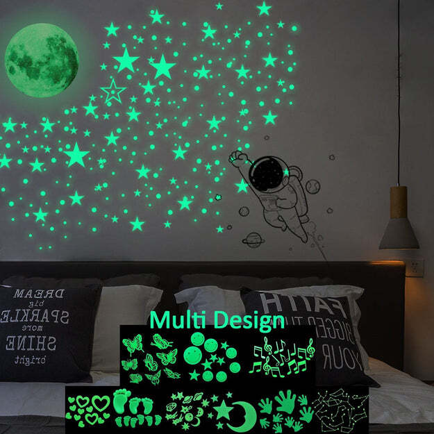 Glow In The Dark Stars And Moon - 6 Piece Fluorescent Wall Stickers | Perfect For Kids Nursery, Educational Constellation Decor, & Dreamlike Sleep Aid