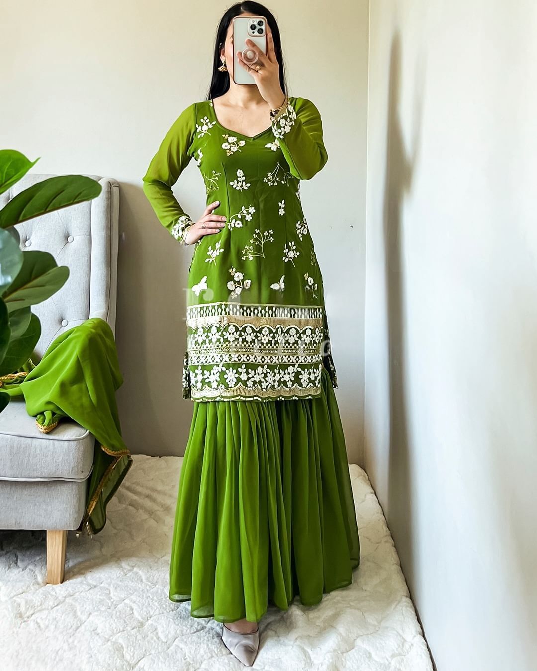 Green Georgette Kurti And Palazzo