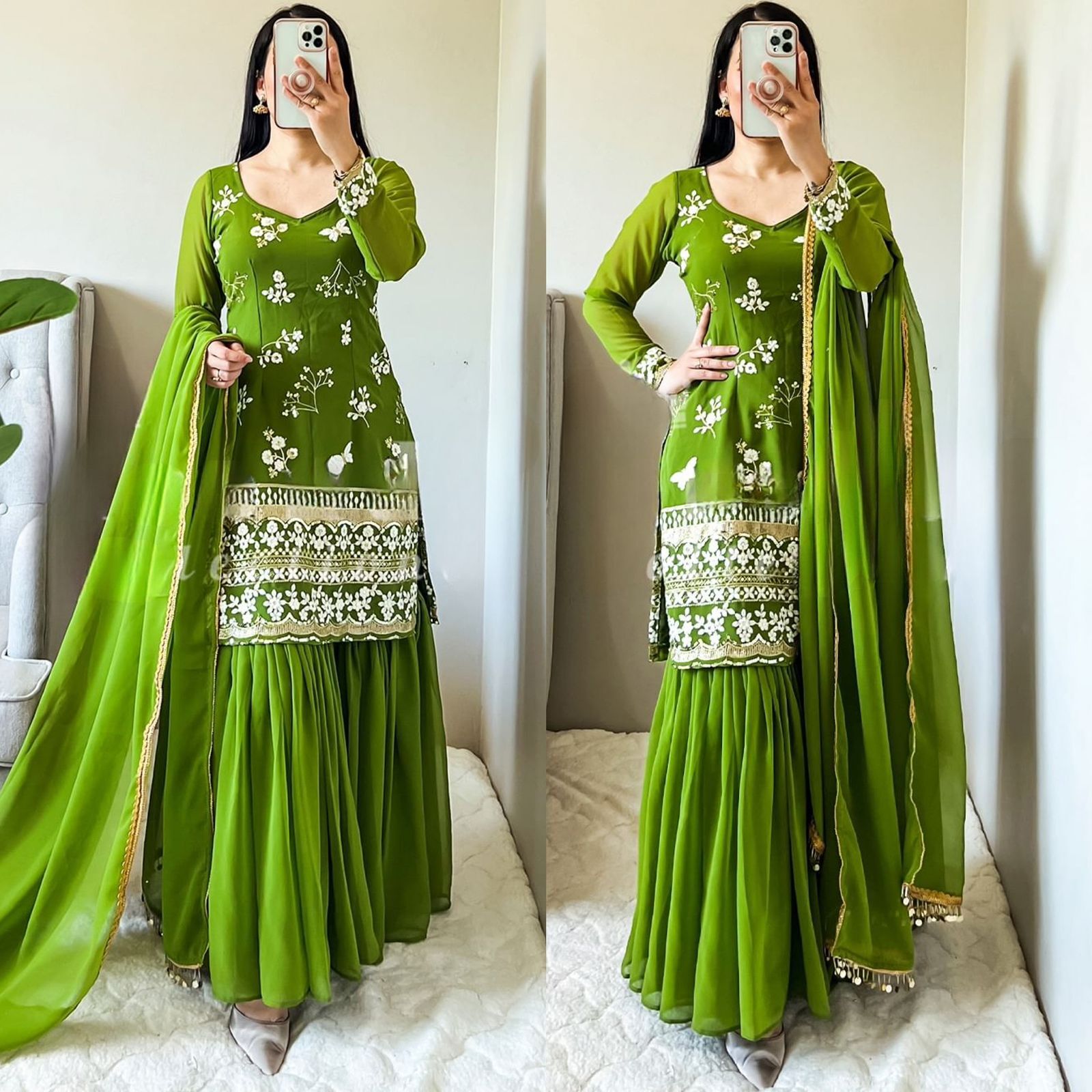 Green Georgette Kurti And Palazzo