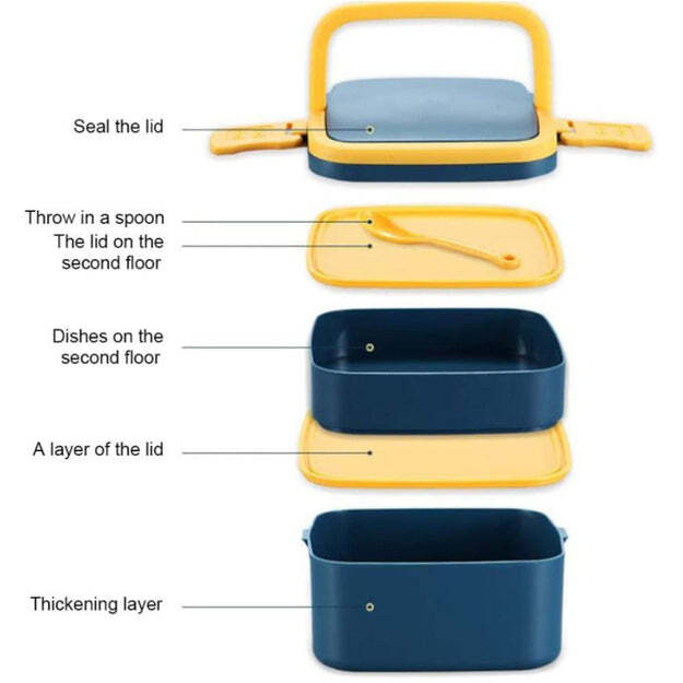 Blue Double-layer Portable Lunch Box Stackable With Carrying Handle And Spoon Lunch Box