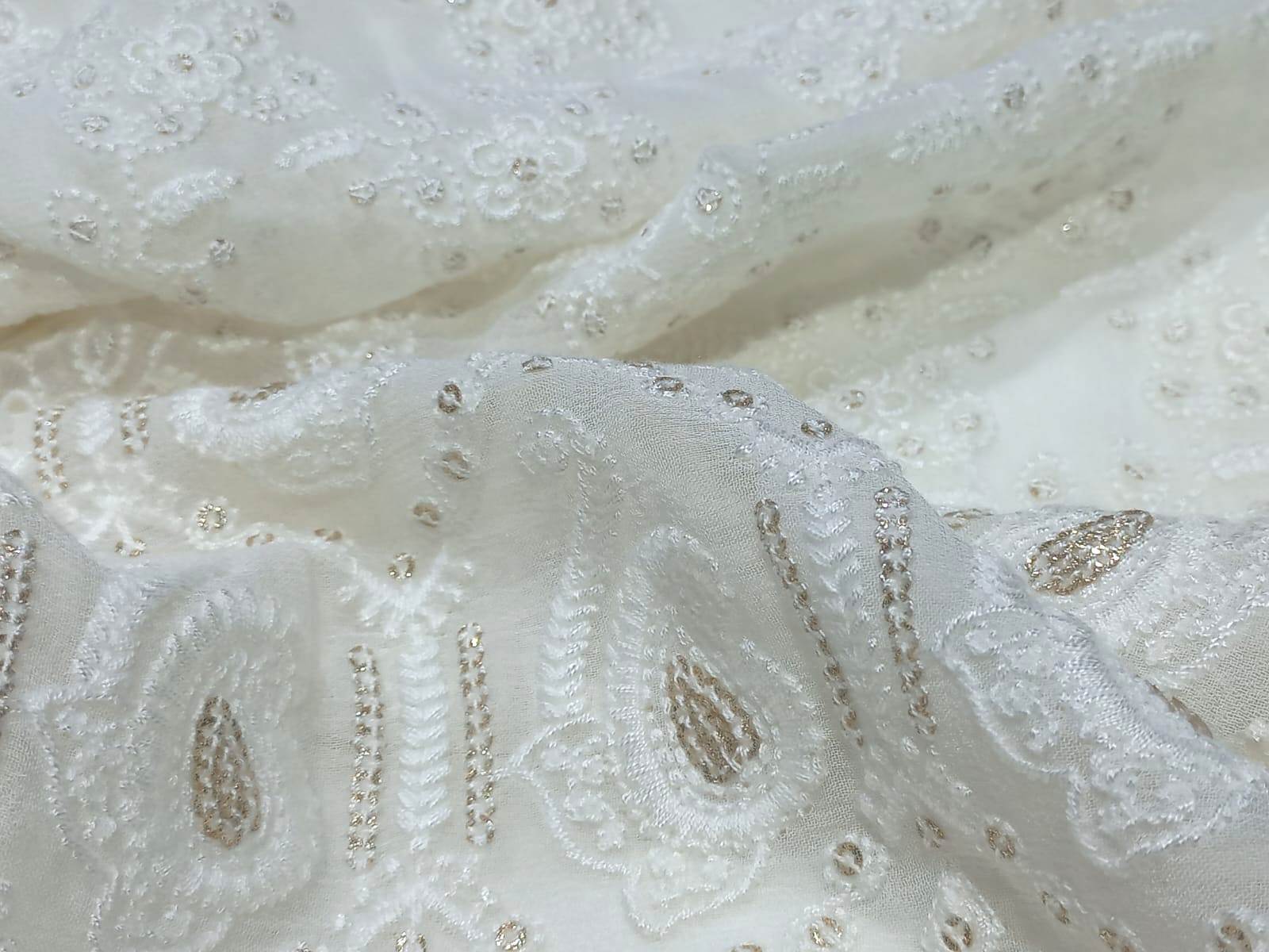 White Schiffli Embroidery Fabric On Georgette - 44 Inch, Embroidered Texture | Washable, Dyeable, Elegant For Ethnic Wear And Bridal Attire