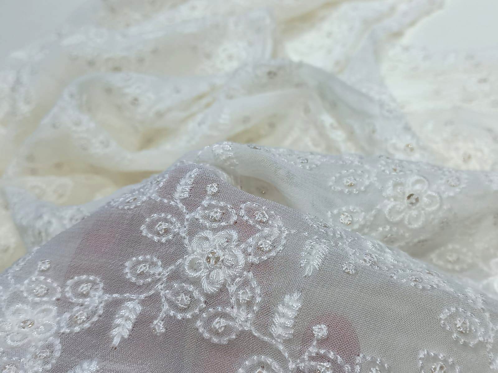 White Schiffli Embroidery Fabric On Georgette - 44 Inch, Embroidered Texture | Washable, Dyeable, Elegant For Ethnic Wear And Bridal Attire