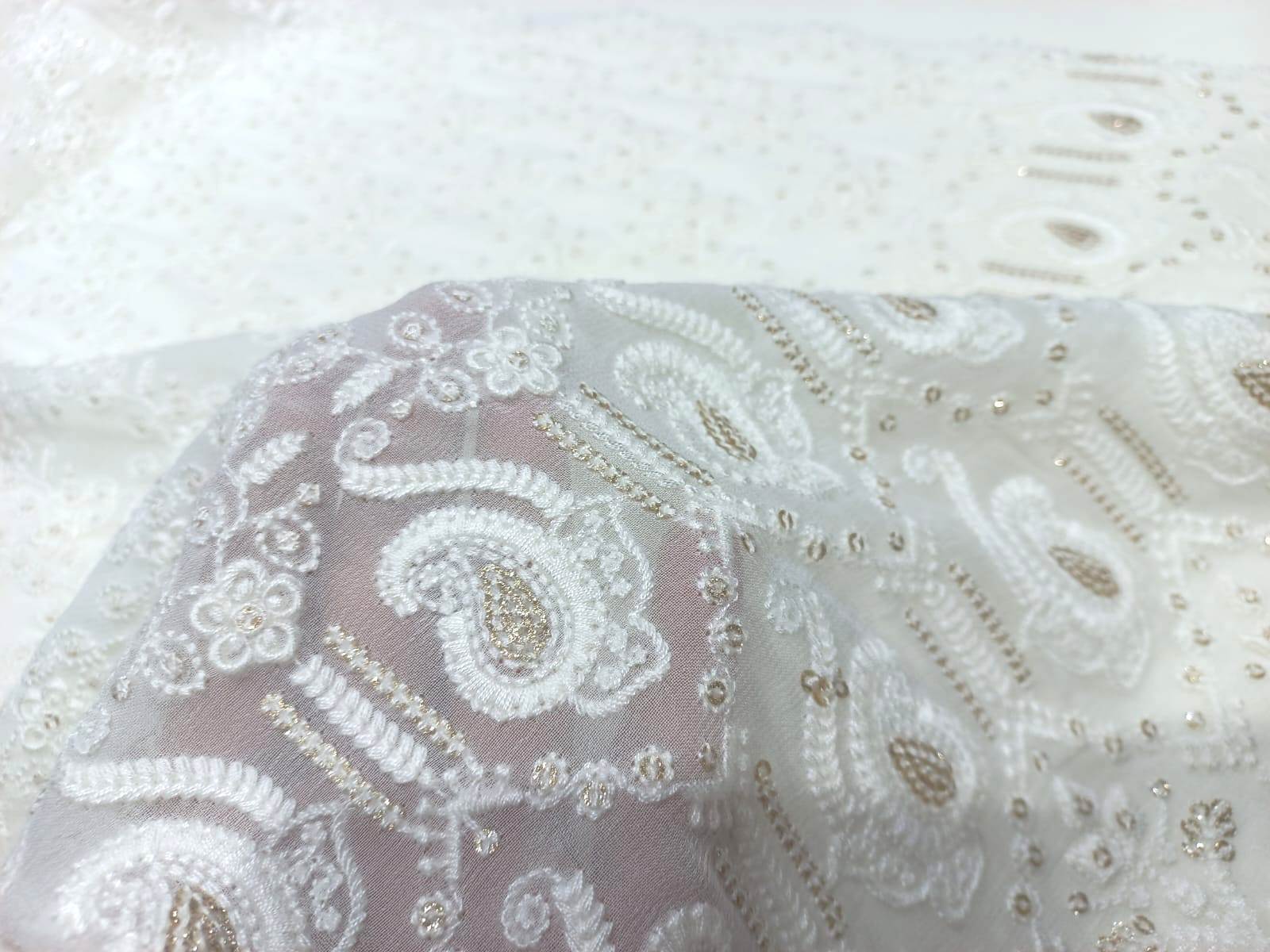 White Schiffli Embroidery Fabric On Georgette - 44 Inch, Embroidered Texture | Washable, Dyeable, Elegant For Ethnic Wear And Bridal Attire
