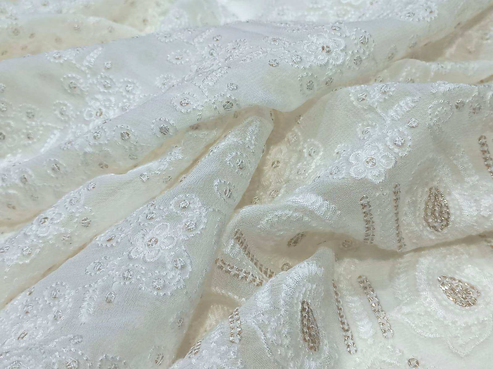 White Schiffli Embroidery Fabric On Georgette - 44 Inch, Embroidered Texture | Washable, Dyeable, Elegant For Ethnic Wear And Bridal Attire