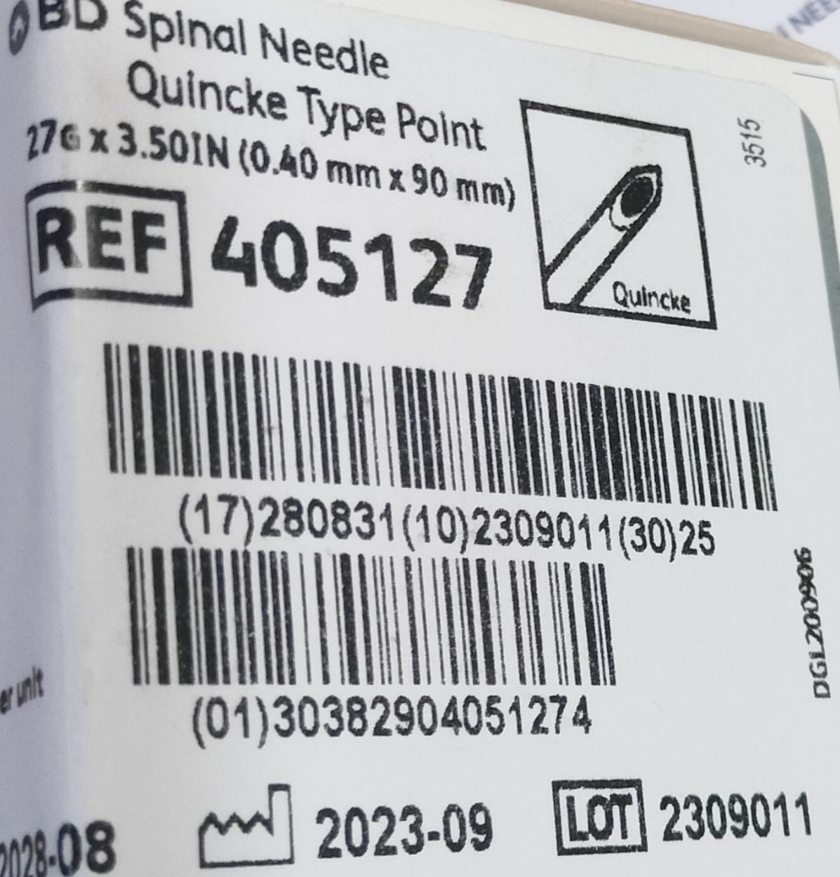 Bd Spinal Needle Quincke Type Point 26 G - Spinal Needle, 26 Gauge, Grey Hub For Color Coding | Proper Needle Bevel Orientation, New Technology