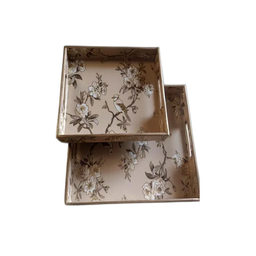 Brown Square Wooden Mdf Tray Set Of 2