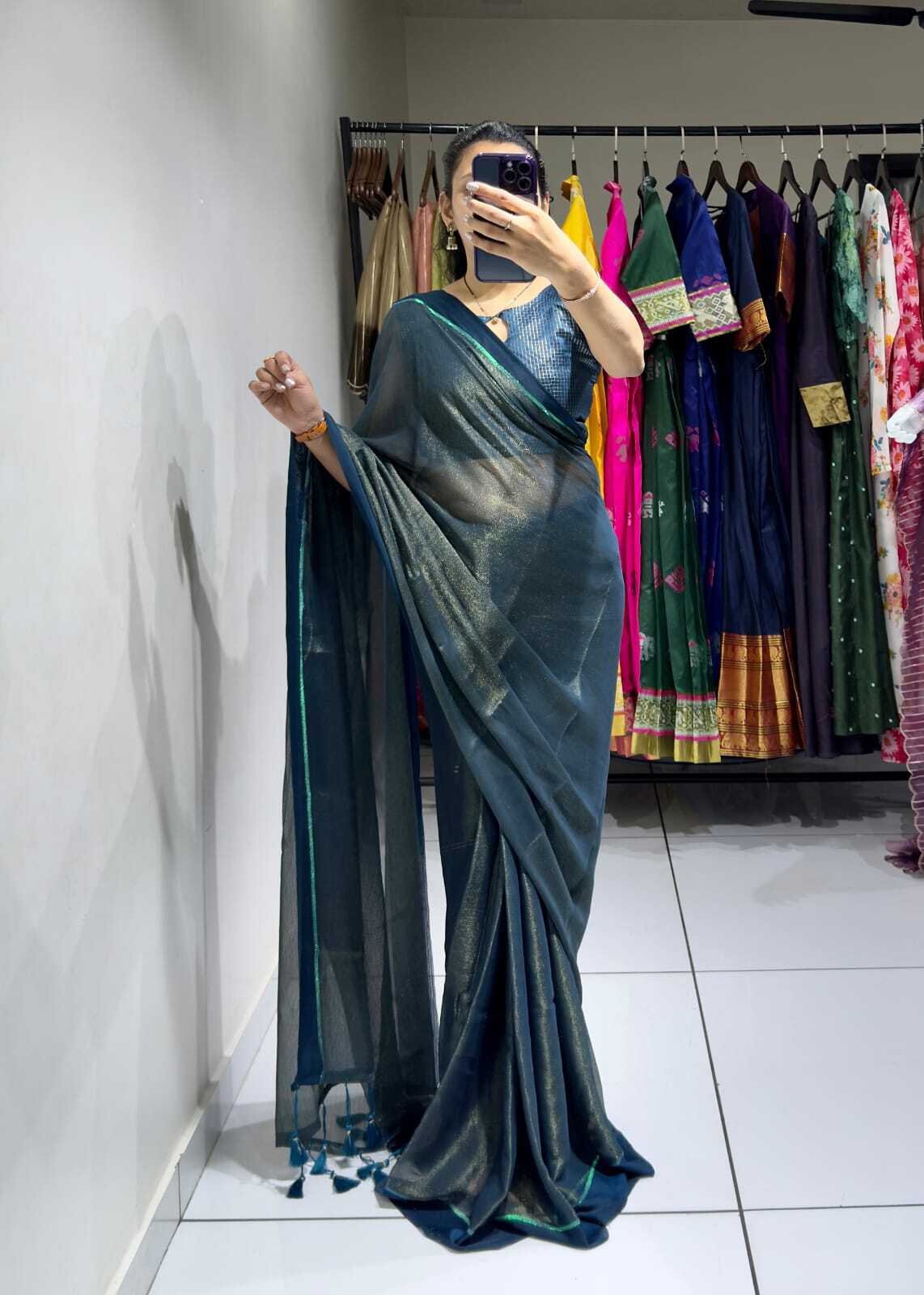 Ameeta Soft Silk Tissue Saree - Soft Tissue Jari Weaving, 5.50 Mtr Length With Tussles In Pallu | Unstitched Blouse With Jari Work Jacquard, Perfect For Ethnic Occasions