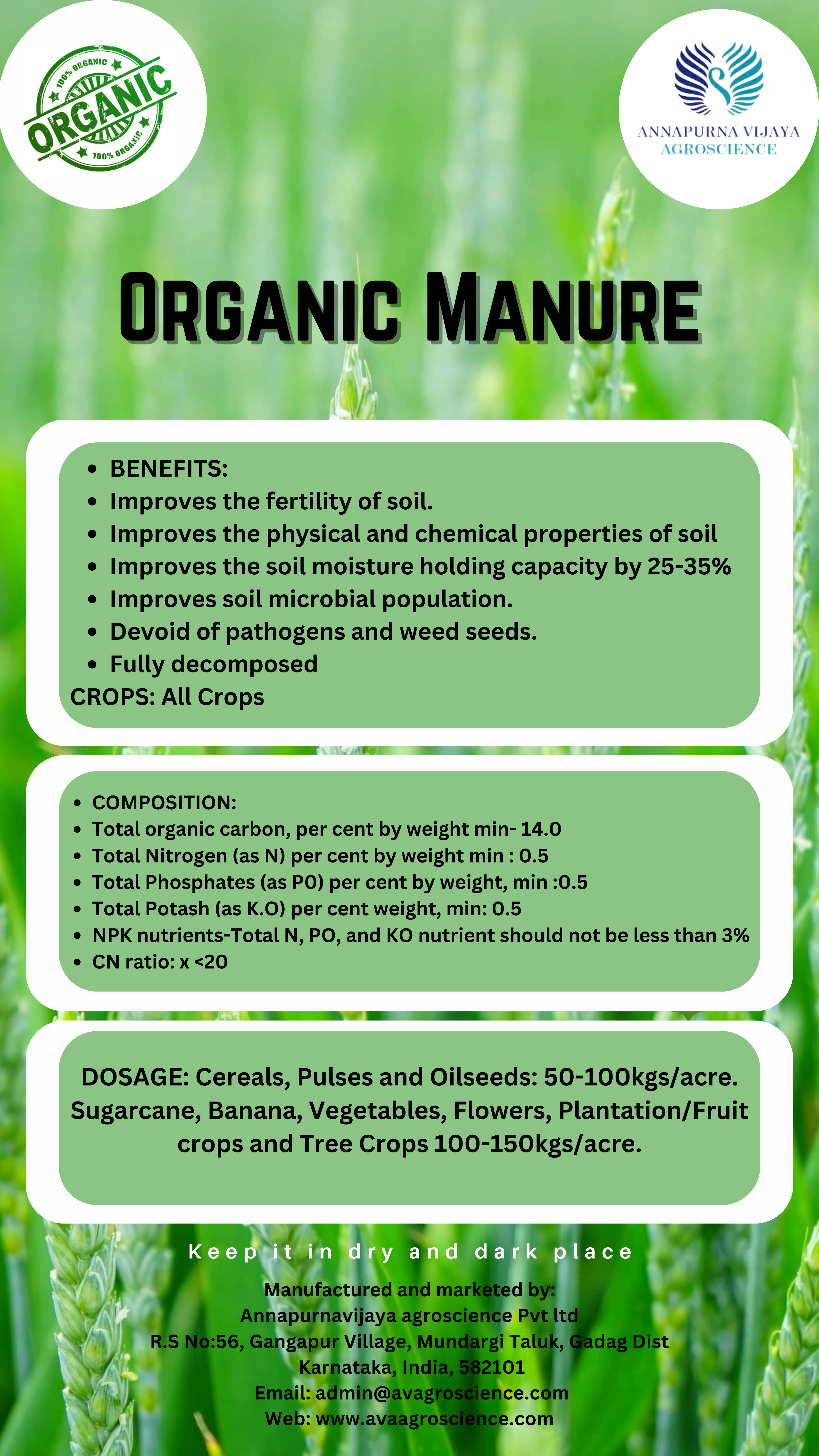 Organic Manure - Granular, 100% Purity, Water Soluble | Enhances Soil Fertility, Moisture Retention, And Microbial Health