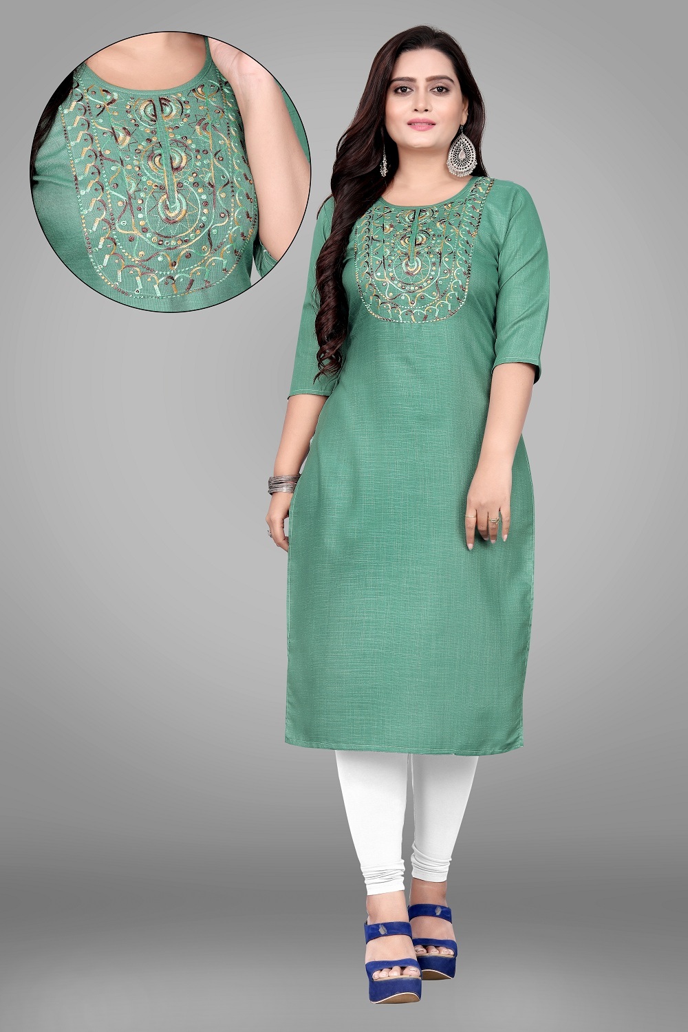 Chahat Fab Embroidery Work Cotton Kurti - Cotton Material, 42 Inch Length, Available In M(38)-4xl(48) Sizes, 3/4 Sleeve Style, Anti-wrinkle & Washable