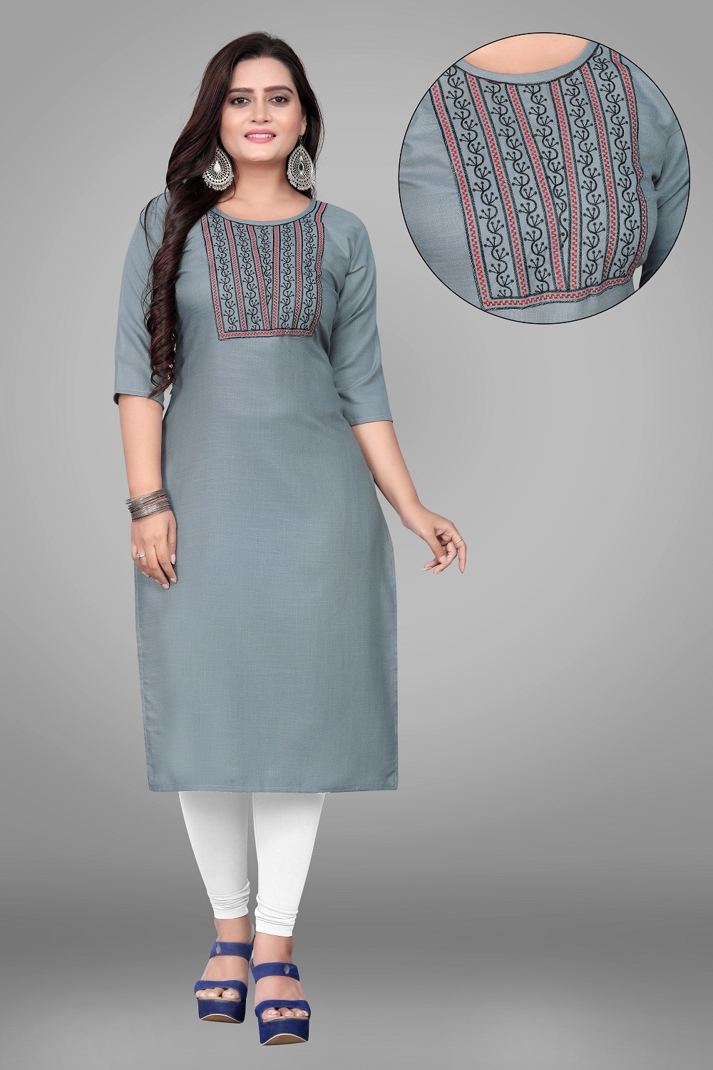 Chahat Fab Embroidery Work Cotton Kurti - Cotton Material, 42 Inch Length, Available In M(38)-4xl(48) Sizes, 3/4 Sleeve Style, Anti-wrinkle & Washable