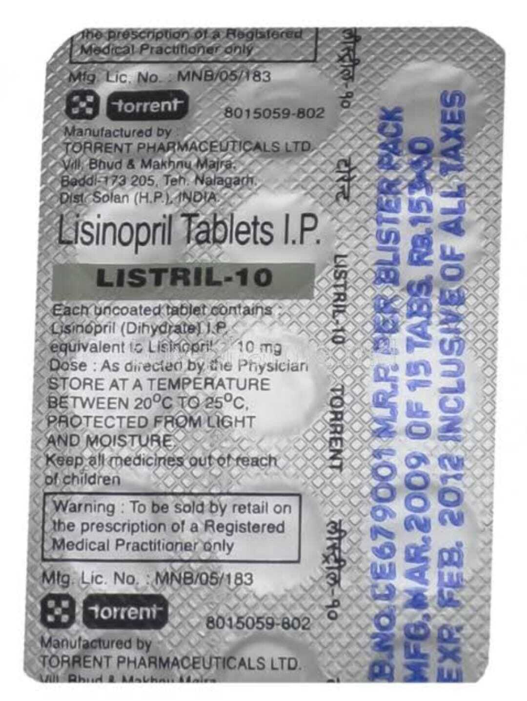 Listril 10 Mg Ingredients: Lisinopril