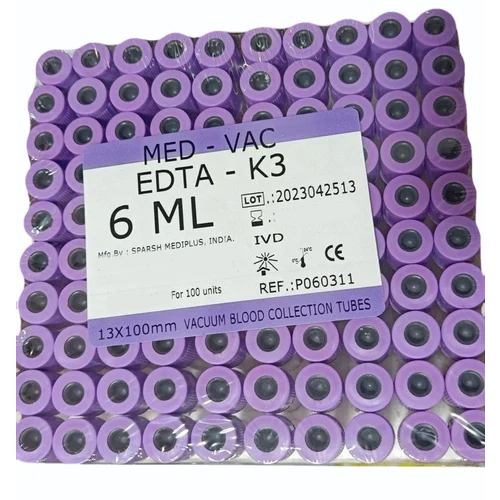 K3 EDTA 6ml Blood Collection Tubes - Glass, 6ml Size, Purple Color | For Blood Collection, New Condition