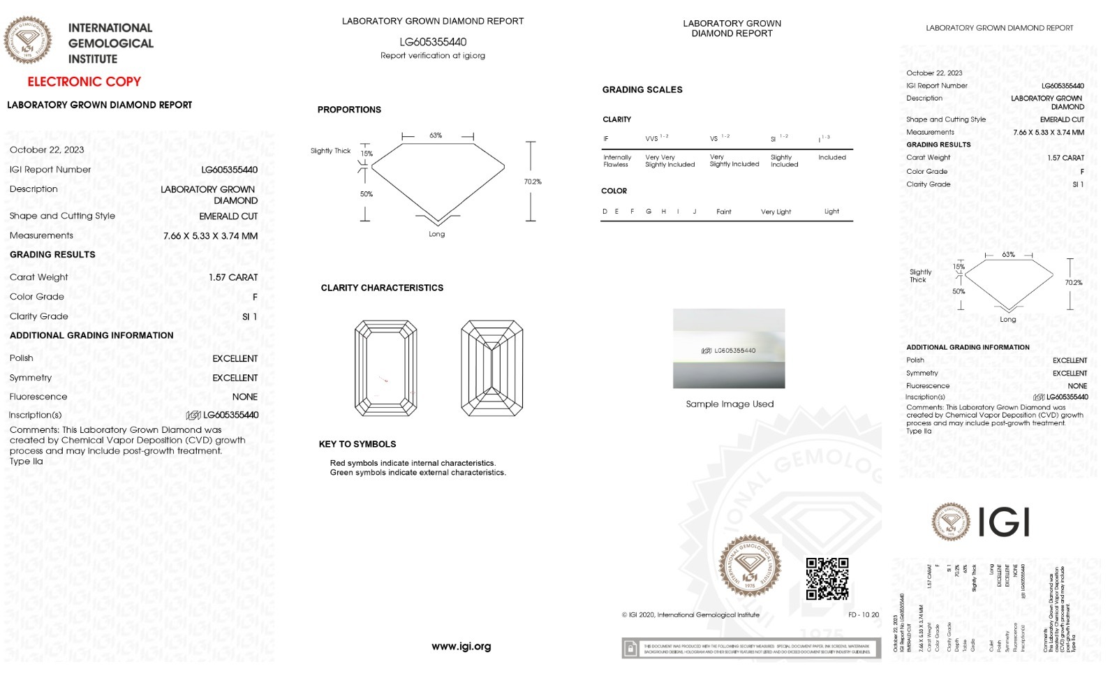Emerald 1.57ct F Si1 Igi 605355440 Lab Grown Diamond Ec449711 - Density: 50