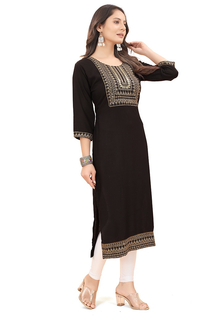 Black Color Rayon Embroidered Work Kurti - Bust Size: 36 Inch (In)