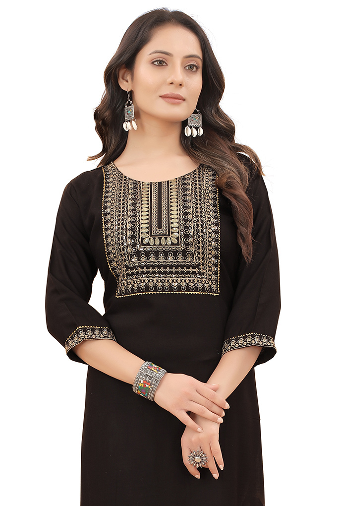 Black Color Rayon Embroidered Work Kurti - Bust Size: 36 Inch (In)