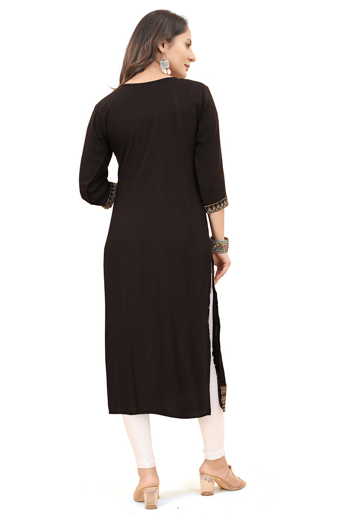 Black Color Rayon Embroidered Work Kurti - Bust Size: 36 Inch (In)